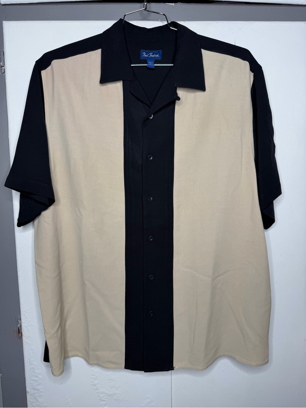 paul fredrick men short sleeve bowling shirt size 2xl 100% silk black beige